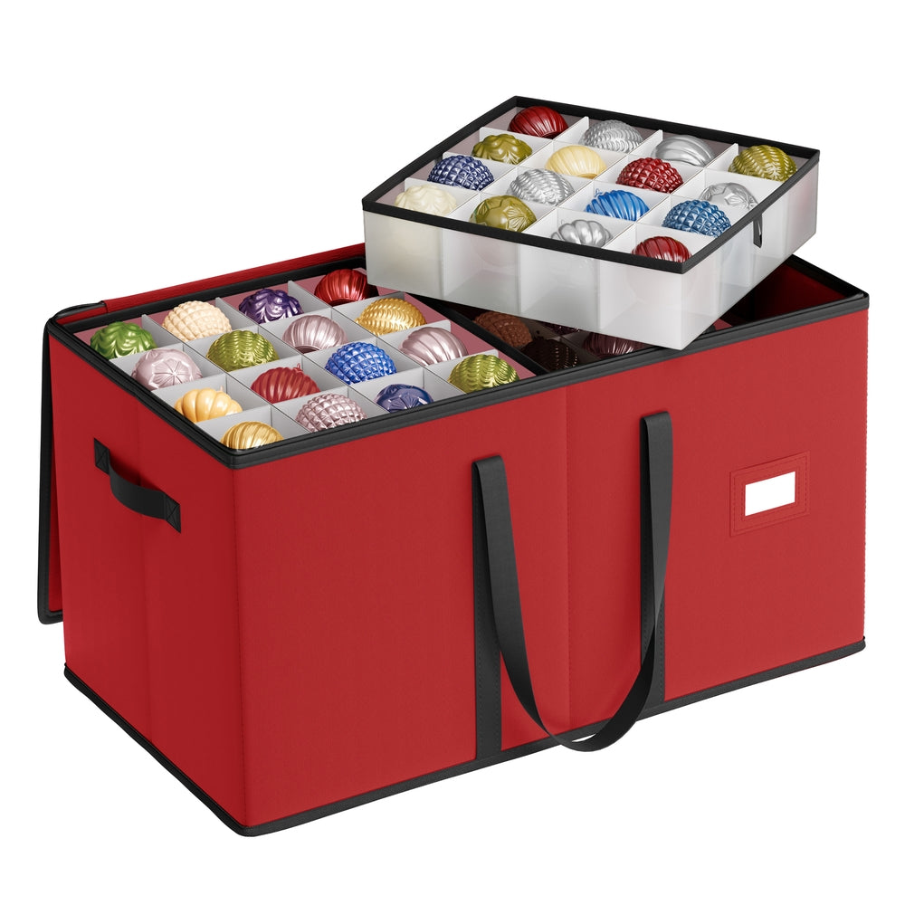 Large Christmas Ornament Storage Box with Dual Zippers - Cherry Red