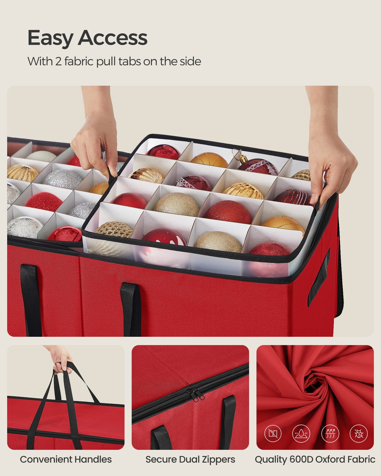 Large Christmas Ornament Storage Box with Dual Zippers - Cherry Red