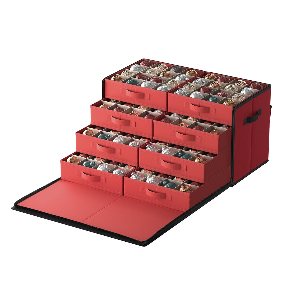 Large Christmas Ornament Storage Box with 128 Slots - Cherry Red