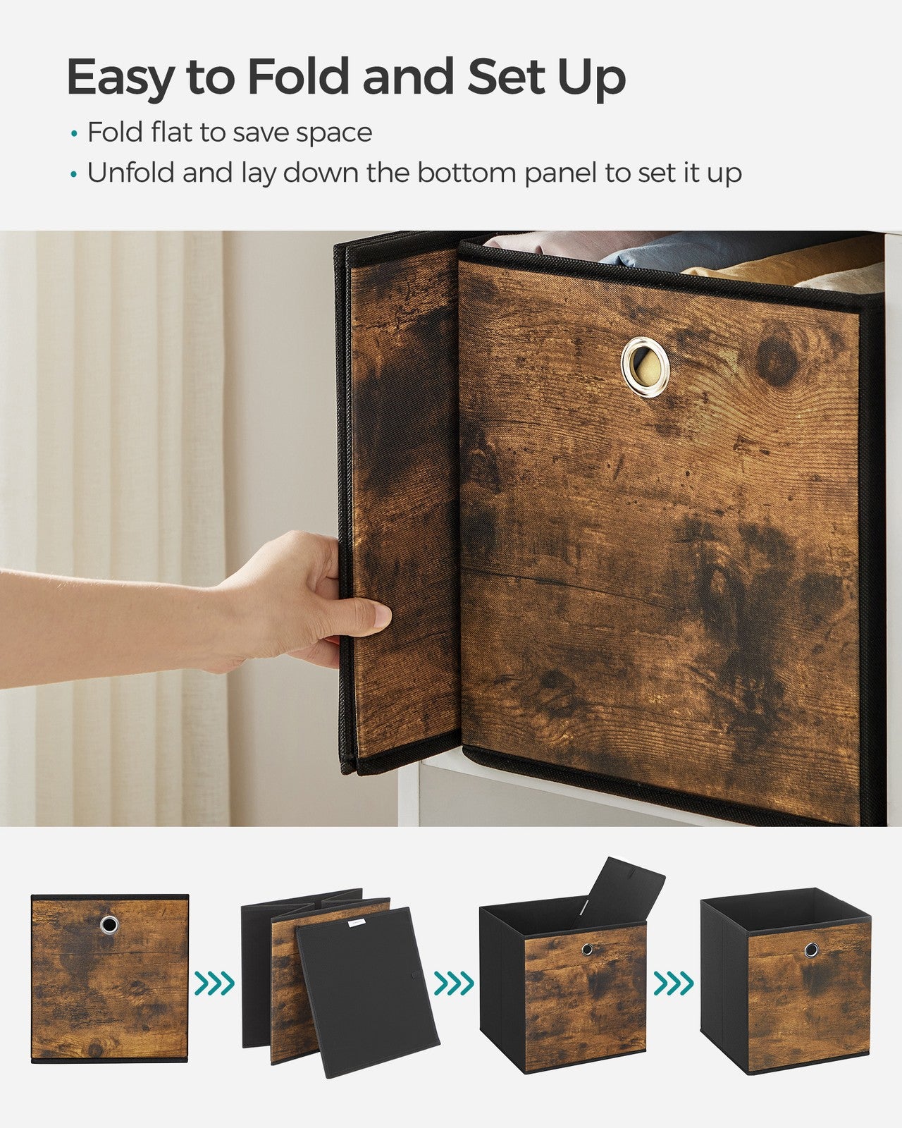 Set of 6 Storage Bins with Handles - Rustic Brown, Black