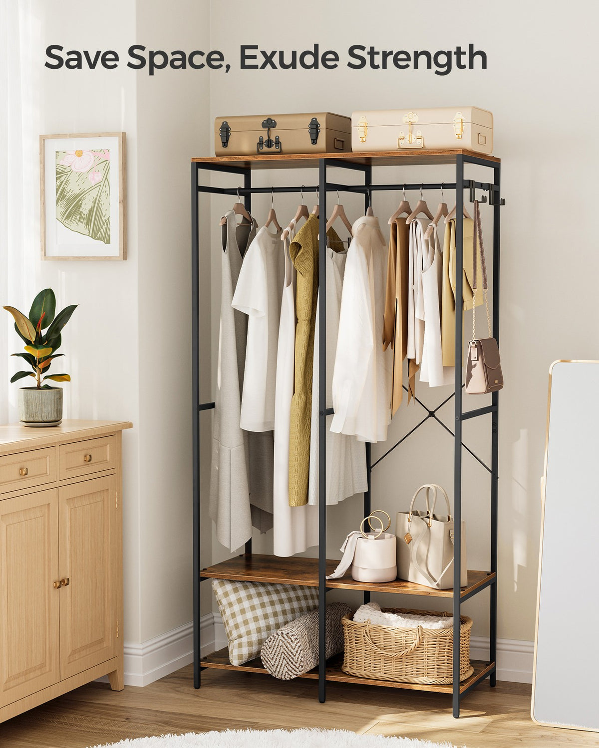 Iron and Wood Clothes Rack with Hanging Rods - Closet Shelves - Removable Hooks - Rustic Brown