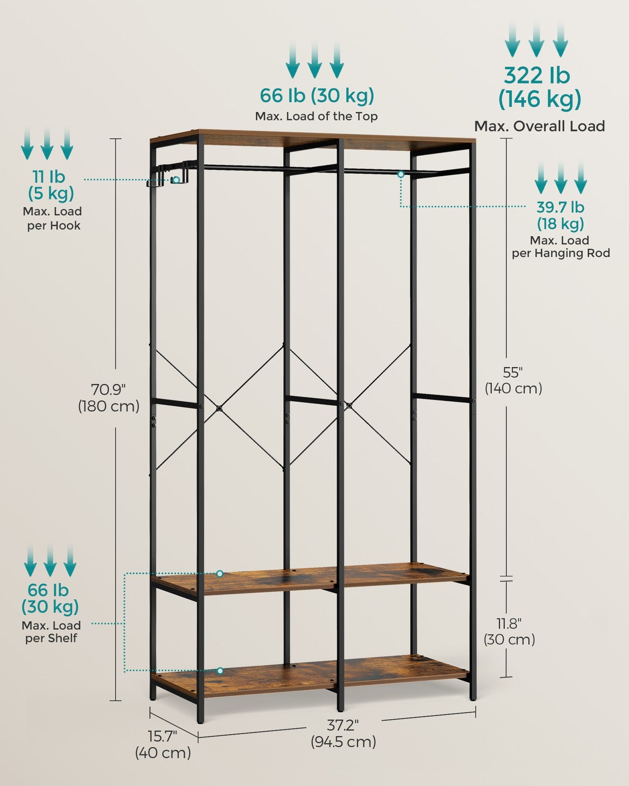 Iron and Wood Clothes Rack with Hanging Rods - Closet Shelves - Removable Hooks - Rustic Brown