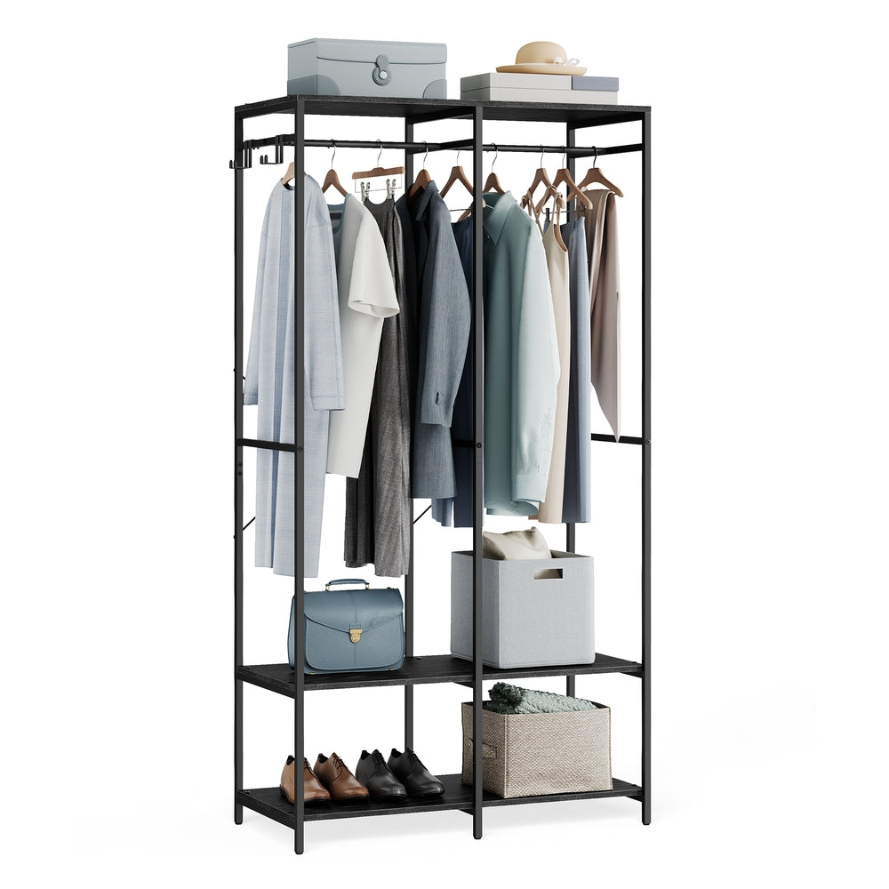 Iron and Wood Clothes Rack with Hanging Rods - Closet Shelves - Removable Hooks - Ebony Black - 15.7"D x 37.2"W x 70.9"H