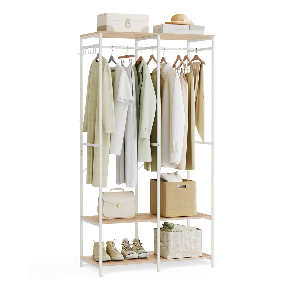 Iron and Wood Clothes Rack with Hanging Rods - Closet Shelves - Removable Hooks - Natural Beige - 15.7"D x 37.2"W x 70.9"H