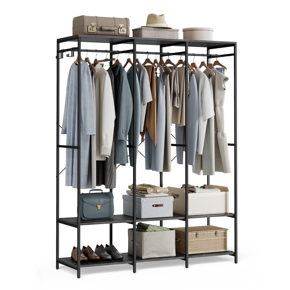 Iron and Wood Clothes Rack with Hanging Rods - Closet Shelves - Removable Hooks - Ebony Black - 15.7"D x 55.5"W x 70.9"H