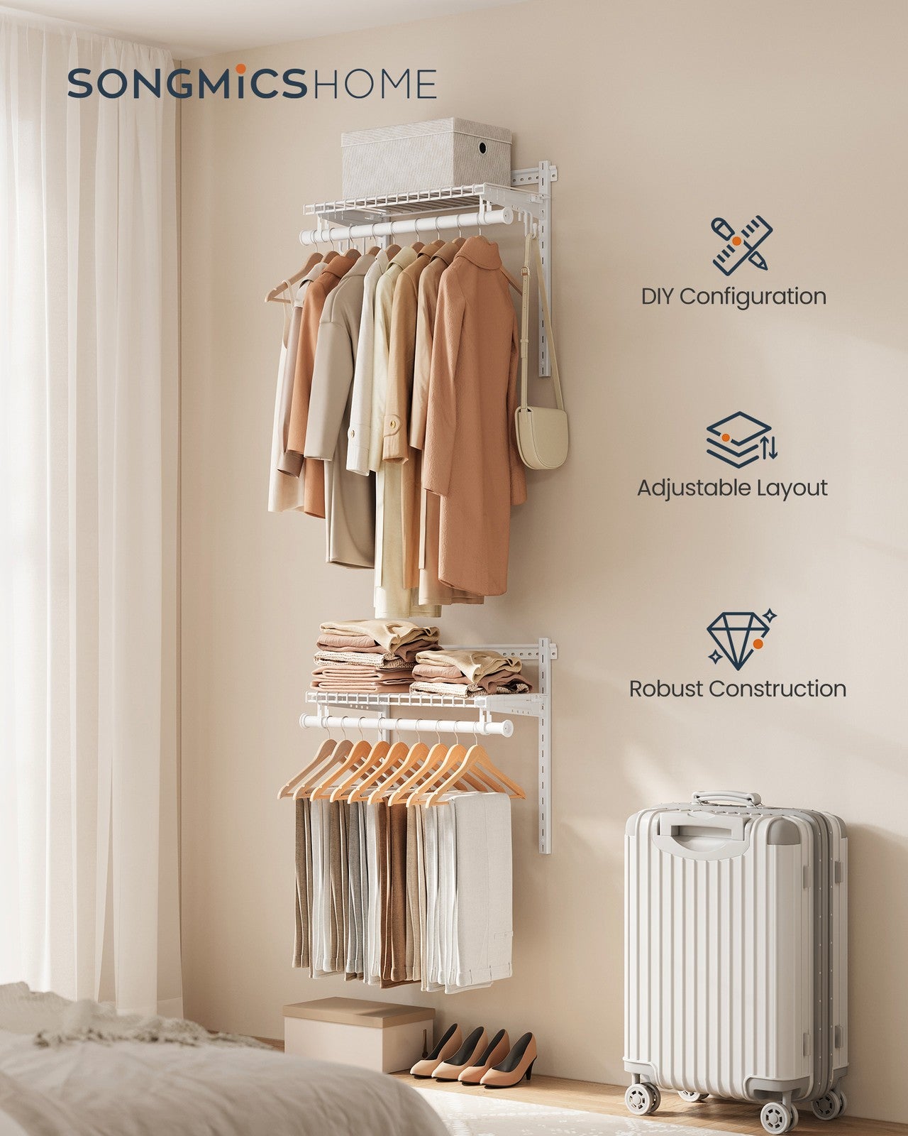 Closet System - 2-4 Ft - with 2 Hanging Rods - 2 Shelves - Cloud White - Cloud White