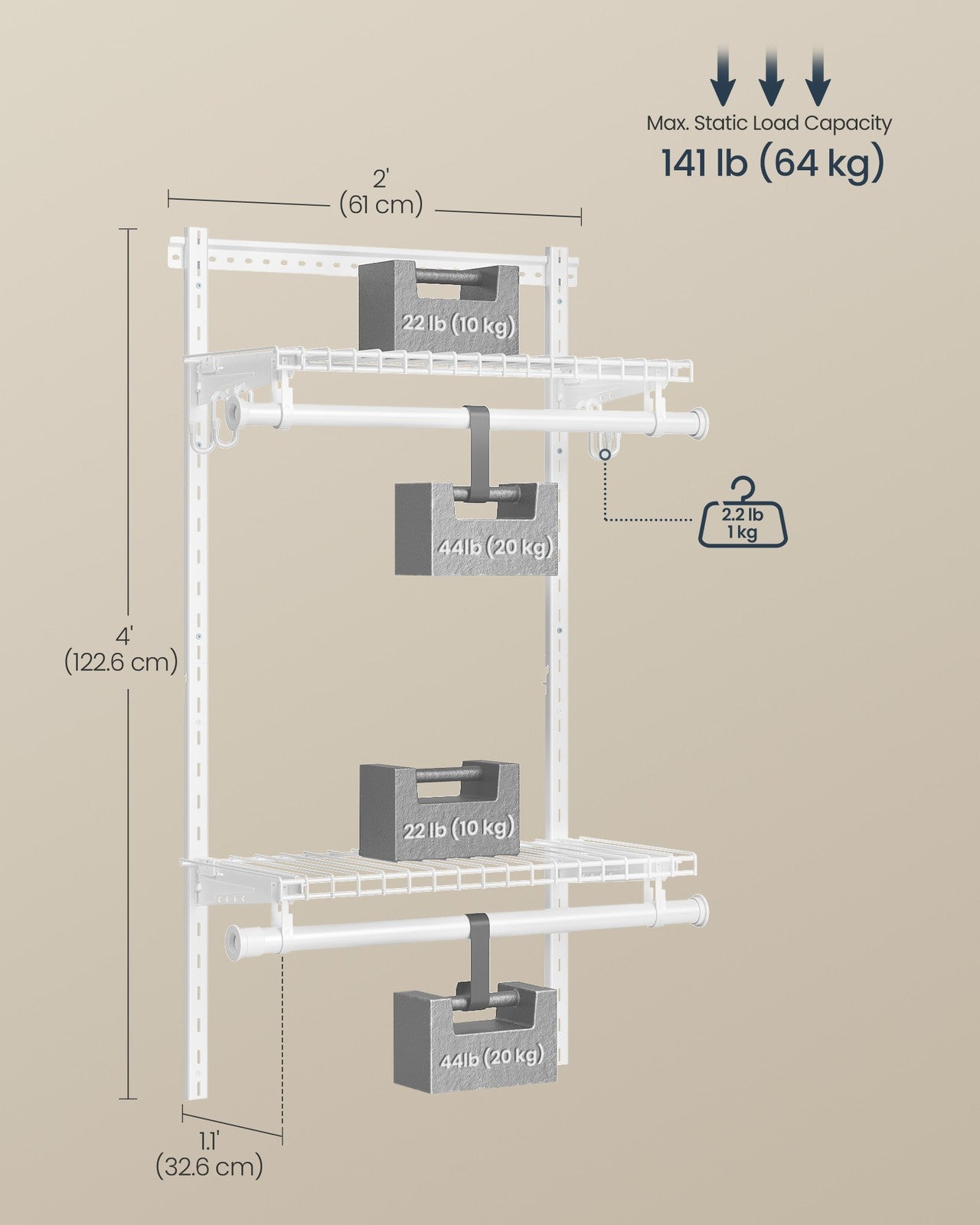 Closet System - 2-4 Ft - with 2 Hanging Rods - 2 Shelves - Cloud White - Cloud White