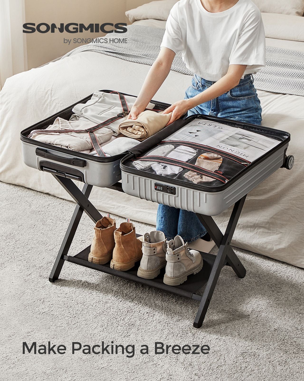 Folding Suitcase Stand with Storage Shelf - Classic Black