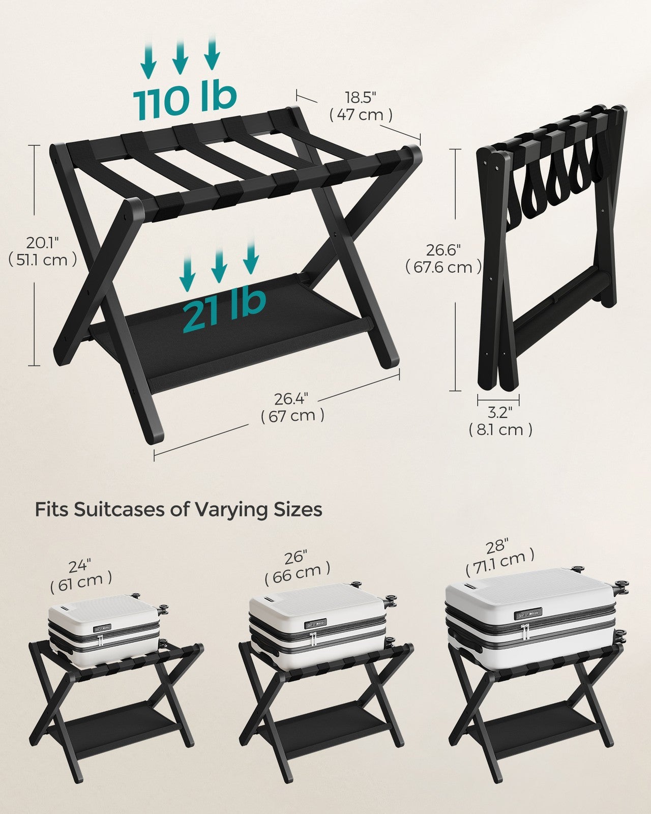 Folding Suitcase Stand with Storage Shelf - Classic Black