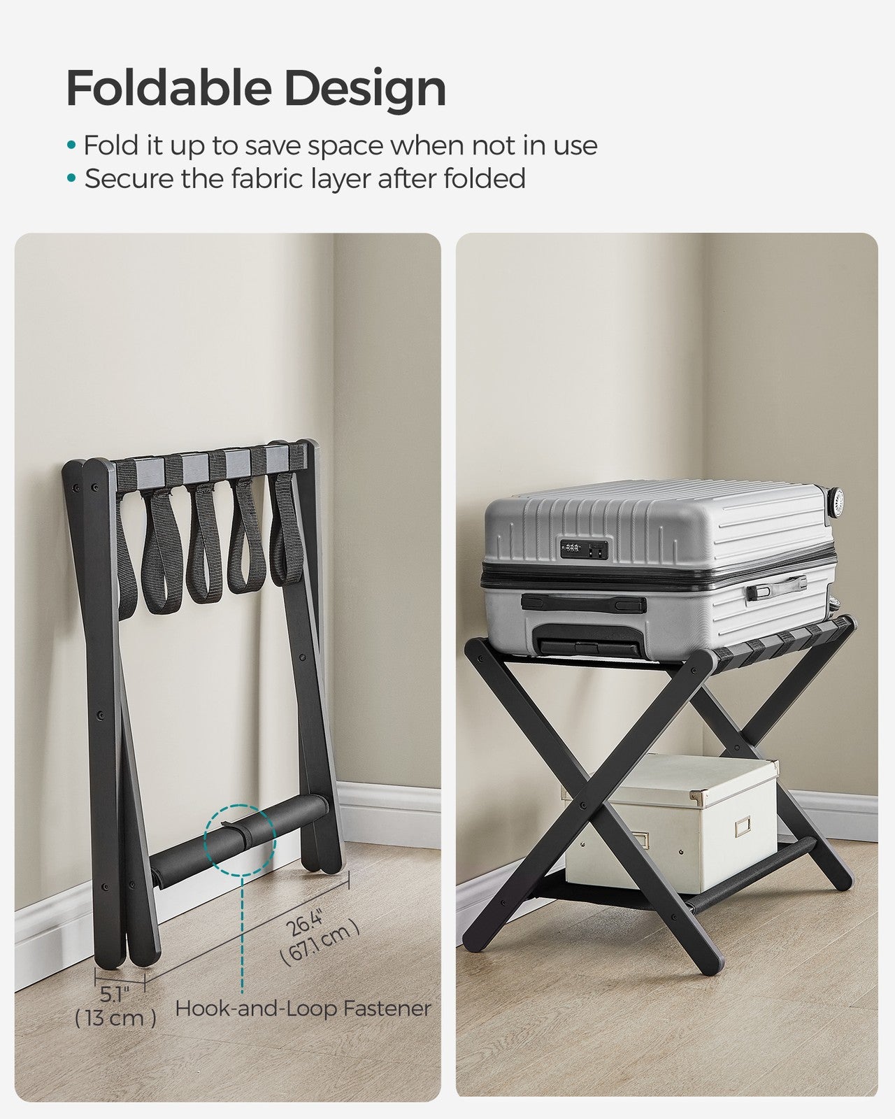 Folding Suitcase Stand with Storage Shelf - Classic Black