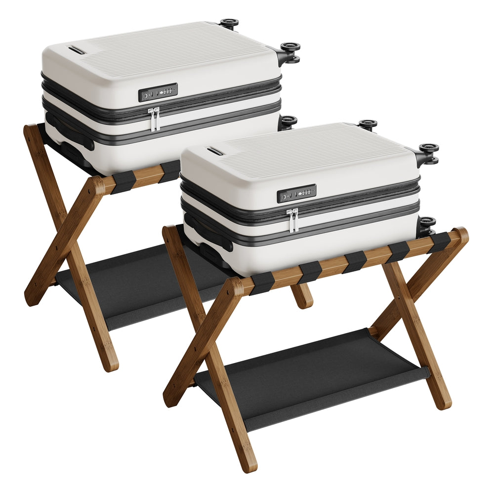 Folding Suitcase Stand with Storage Shelf - Honey Brown