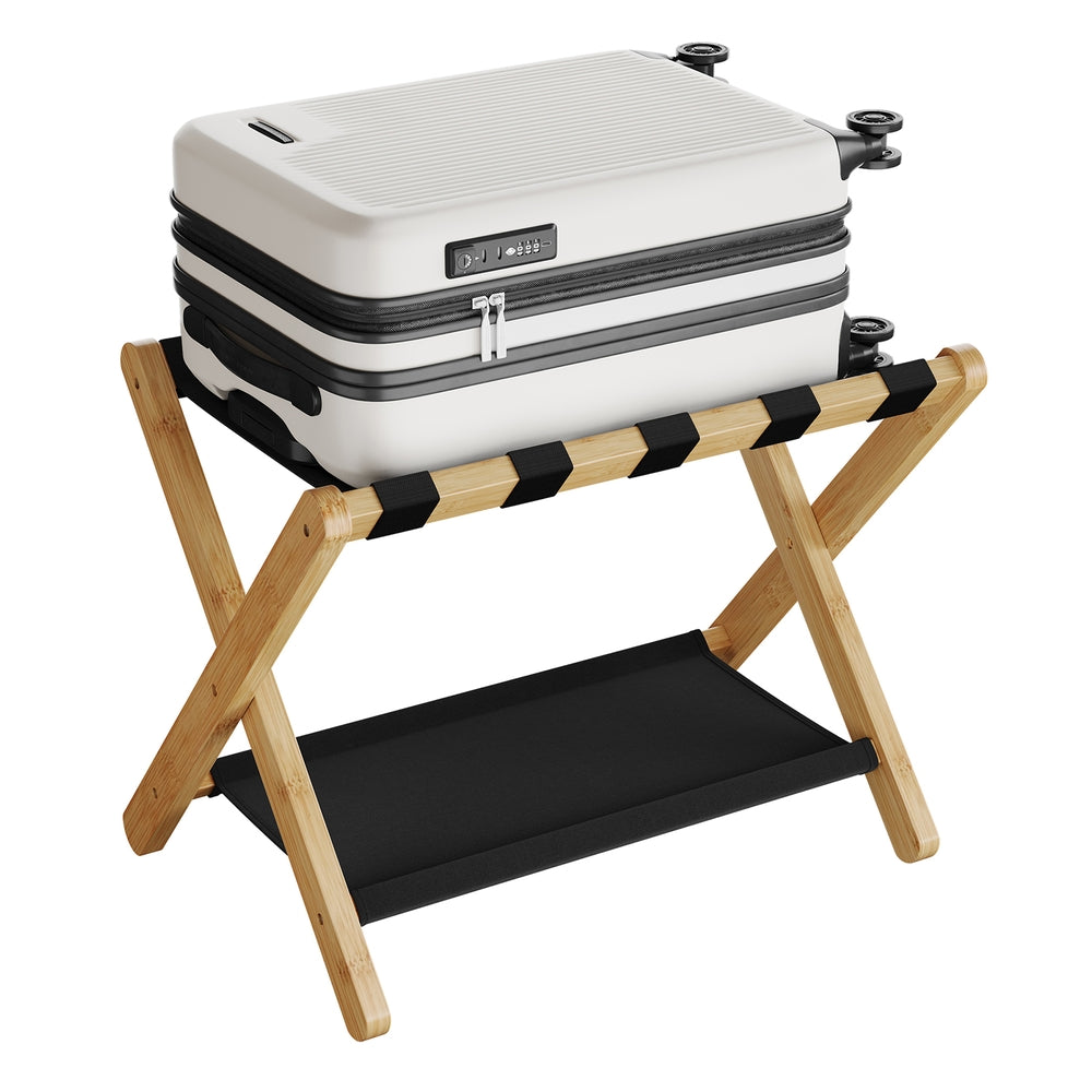 Folding Suitcase Stand with Storage Shelf - Natural Beige