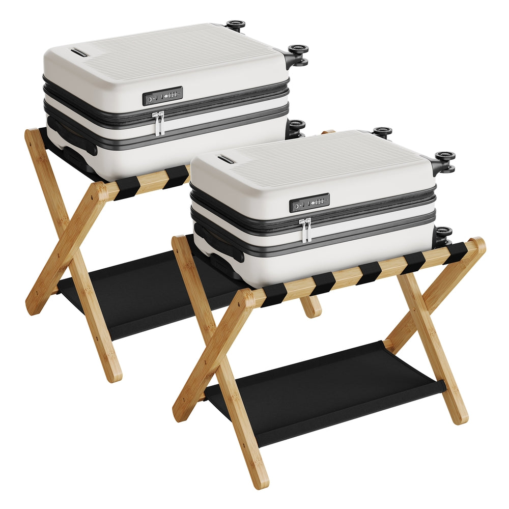 Folding Suitcase Stand with Storage Shelf - Natural Bamboo