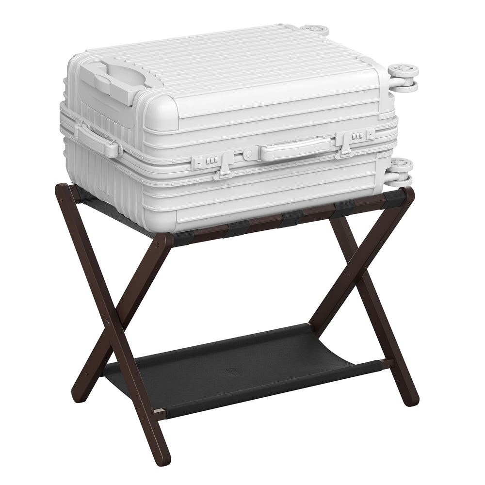 Folding Suitcase Stand with Storage Shelf - Chestnut Brown