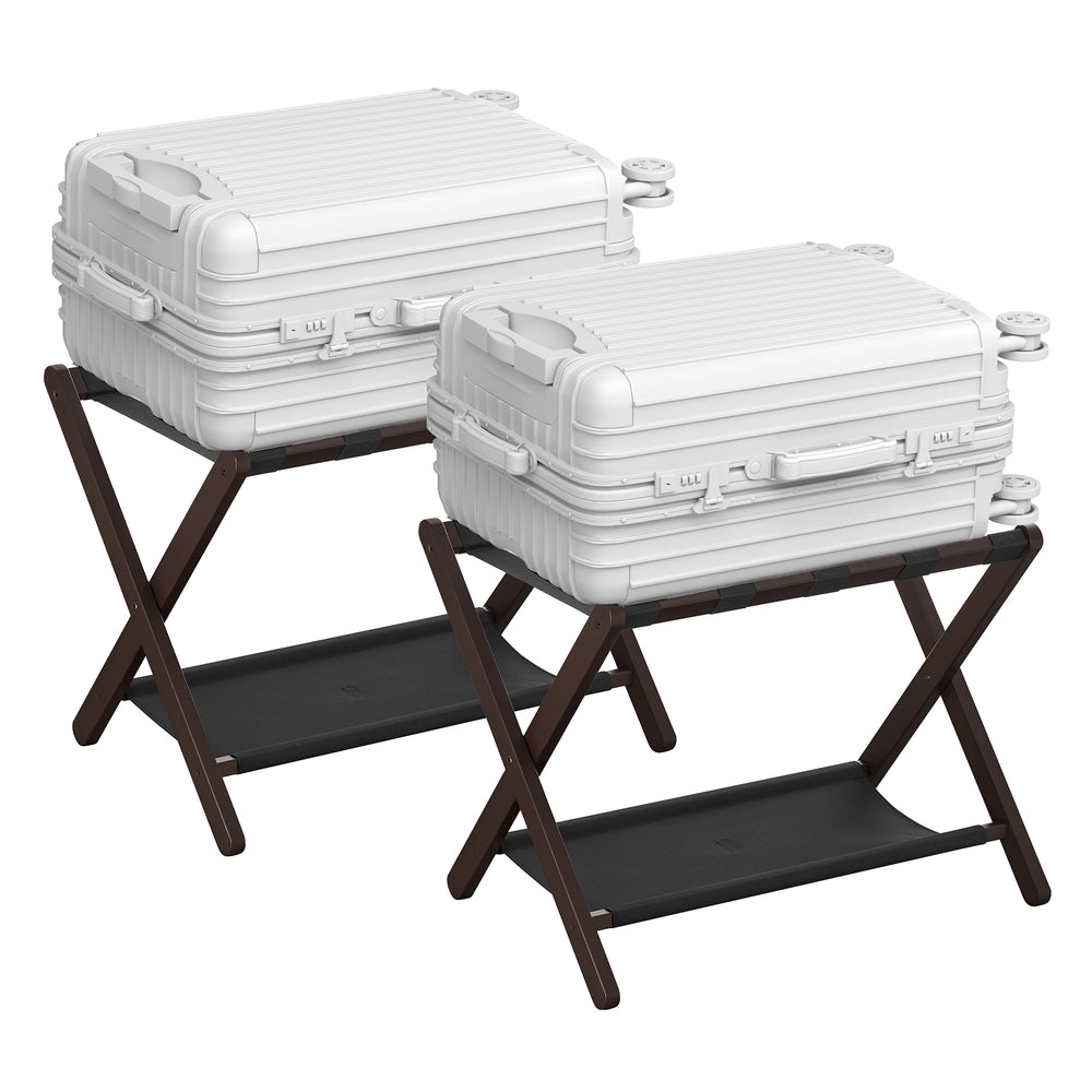 Folding Suitcase Stand with Storage Shelf - Espresso Brown