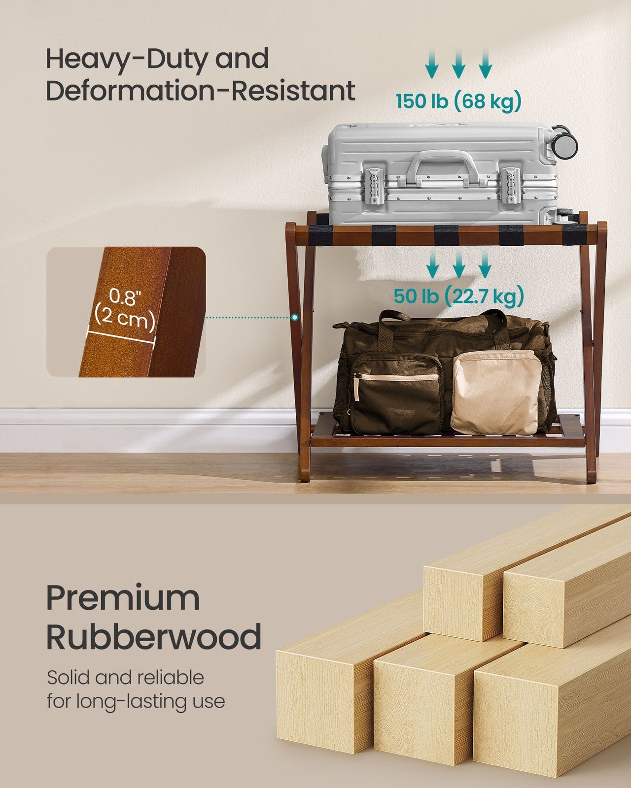 Solid Wood Luggage Racks - Set of 2 - No Assembly Required - Foldable Suitcase Stand - Luggage Holder - with Storage Shelf - for Guest Room - Hotel - Bedroom - Coffee Brown
