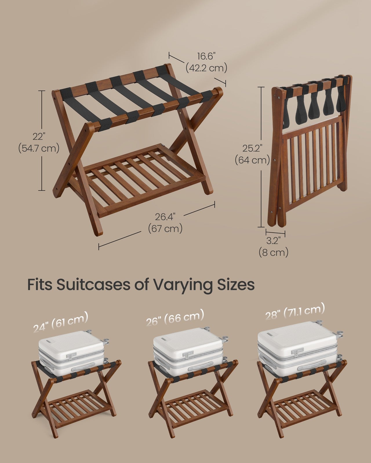 Solid Wood Luggage Racks - Set of 2 - No Assembly Required - Foldable Suitcase Stand - Luggage Holder - with Storage Shelf - for Guest Room - Hotel - Bedroom - Coffee Brown