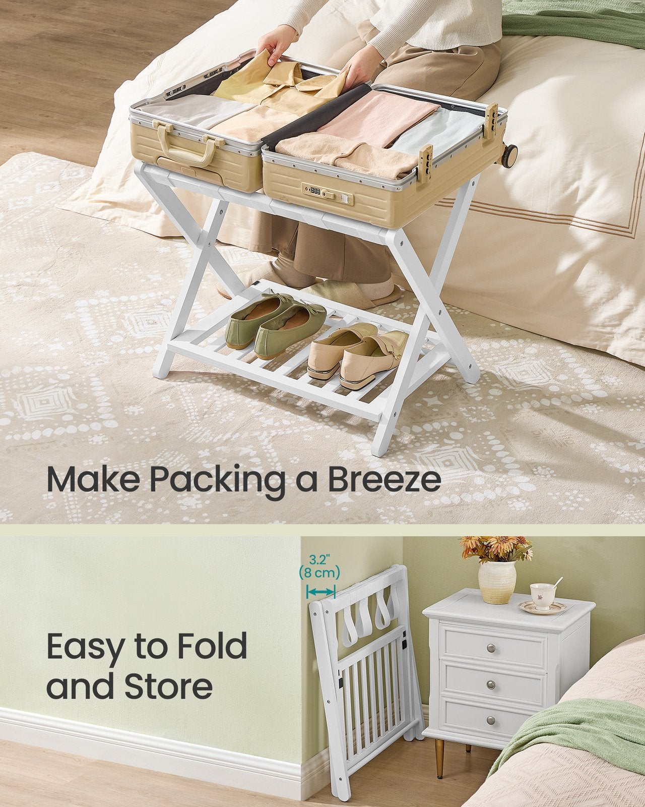 Solid Wood Luggage Racks - Set of 2 - No Assembly Required - Foldable Suitcase Stand - Luggage Holder