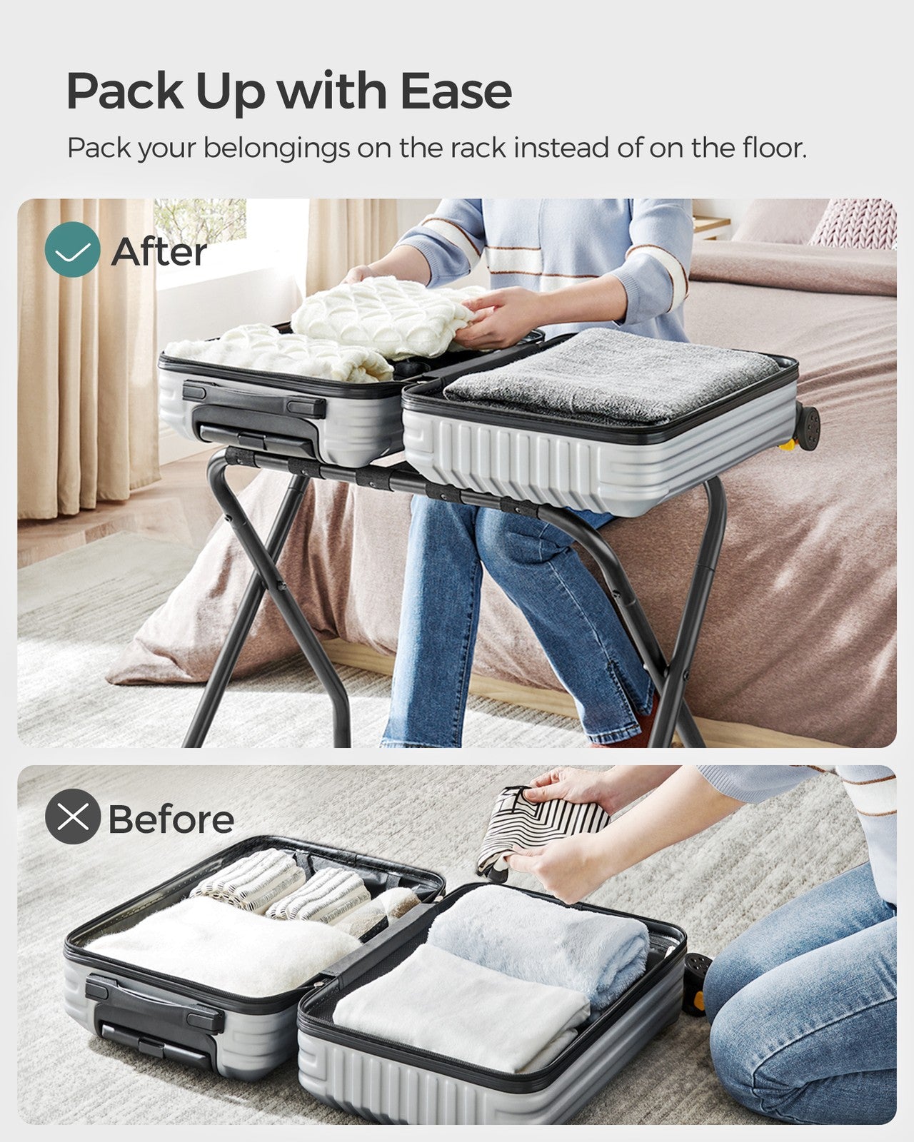 Pack of 2 Black Metal Folding Luggage Rack - Black