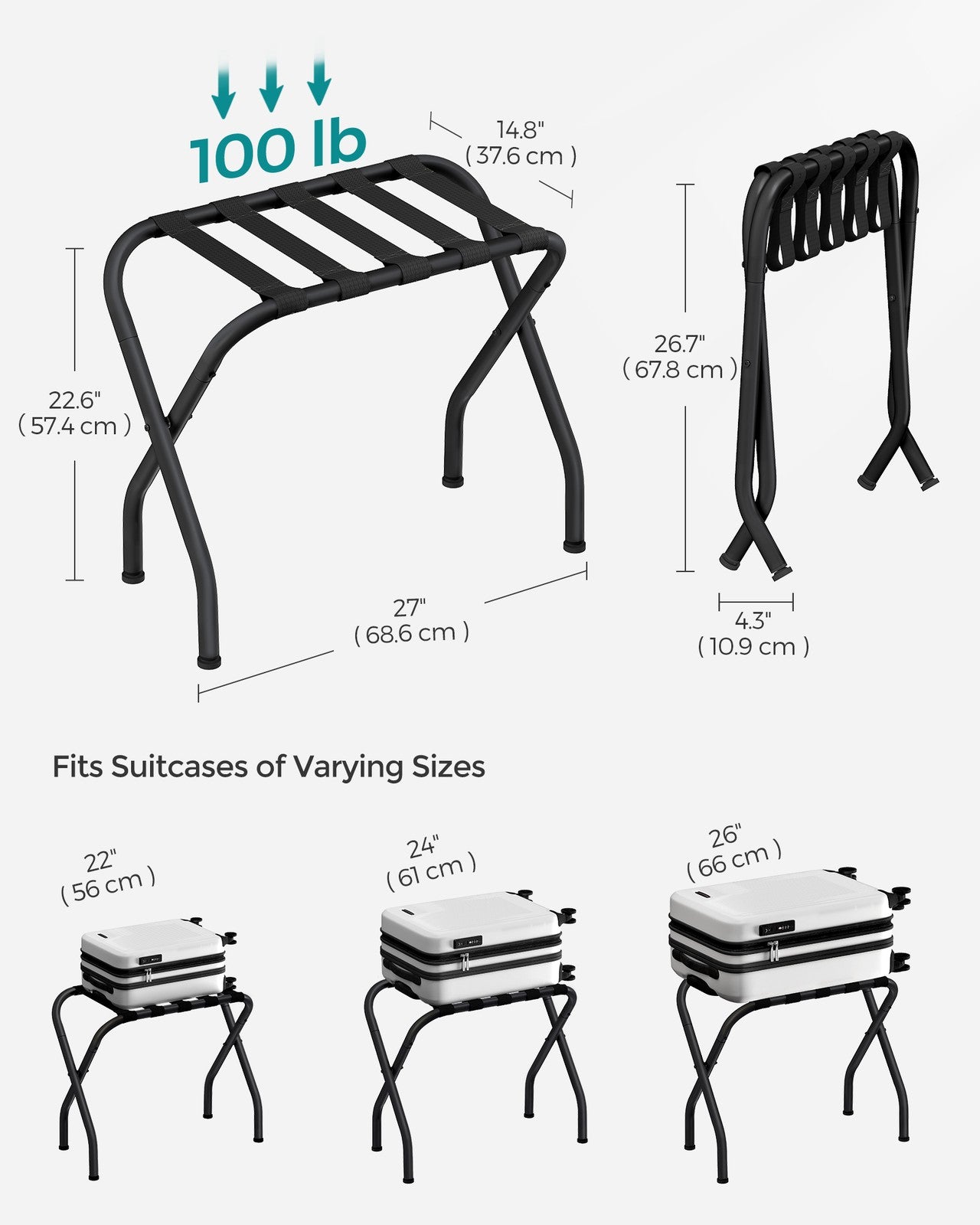 Pack of 2 Black Metal Folding Luggage Rack - Black