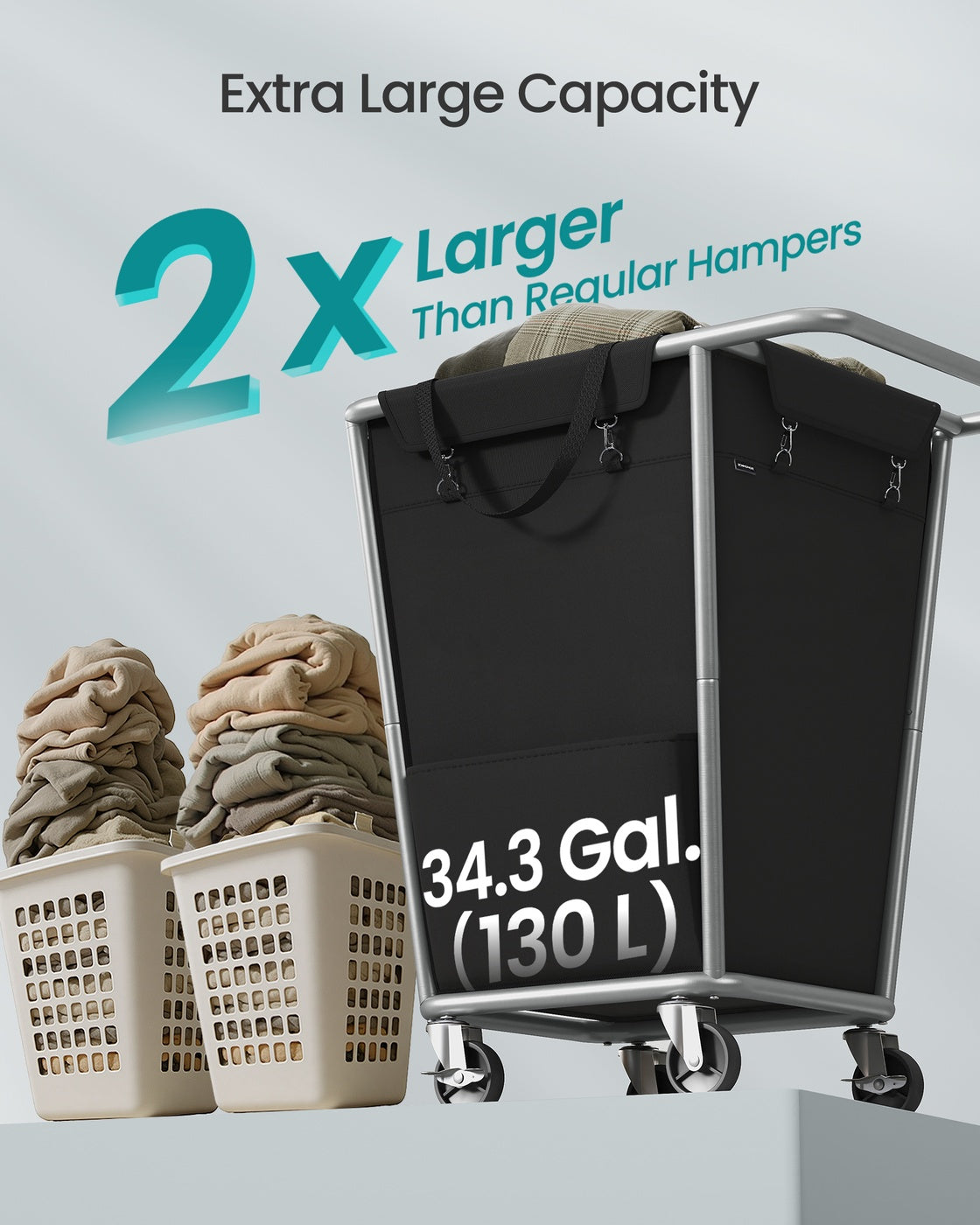 34.3 Gallons Rolling Laundry Hamper with Removable Bag Ink Black - Ink Black