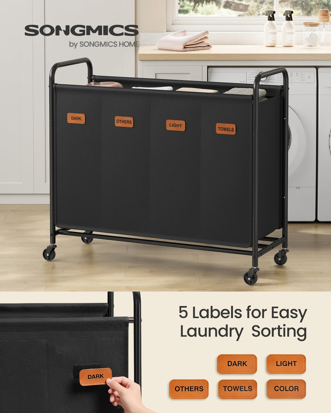 Rolling Laundry Sorter Cart - 2-Section - Removable Bags