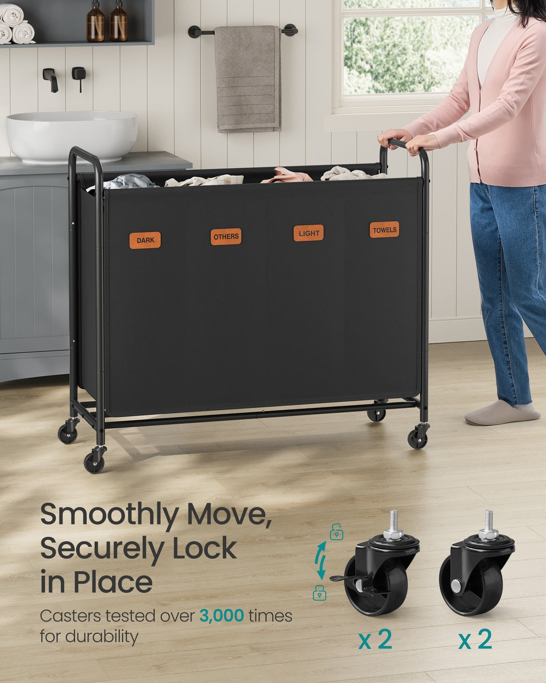 Rolling Laundry Sorter Cart - 2-Section - Removable Bags