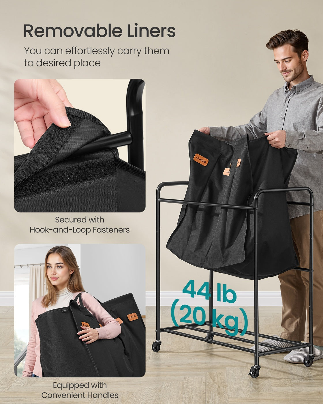 Rolling Laundry Sorter Cart - 2-Section - Removable Bags
