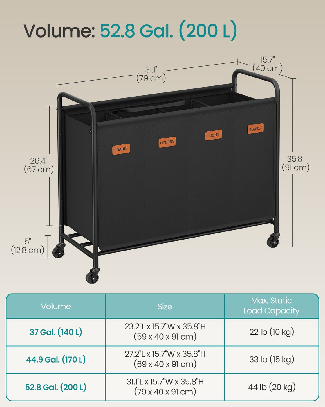 Rolling Laundry Sorter Cart - 2-Section - Removable Bags