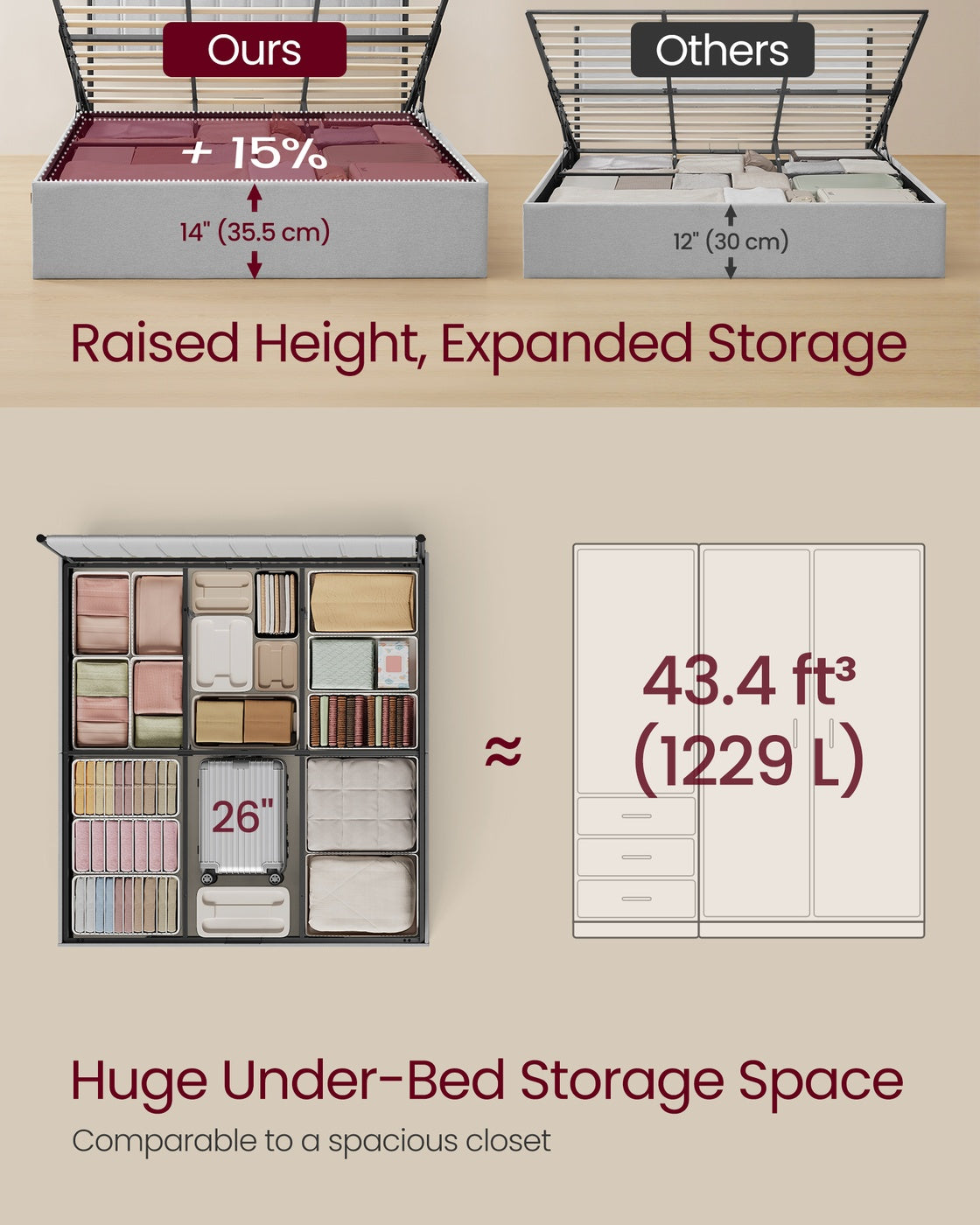 Lift Up Storage Bed Frame King Size - Dove Gray