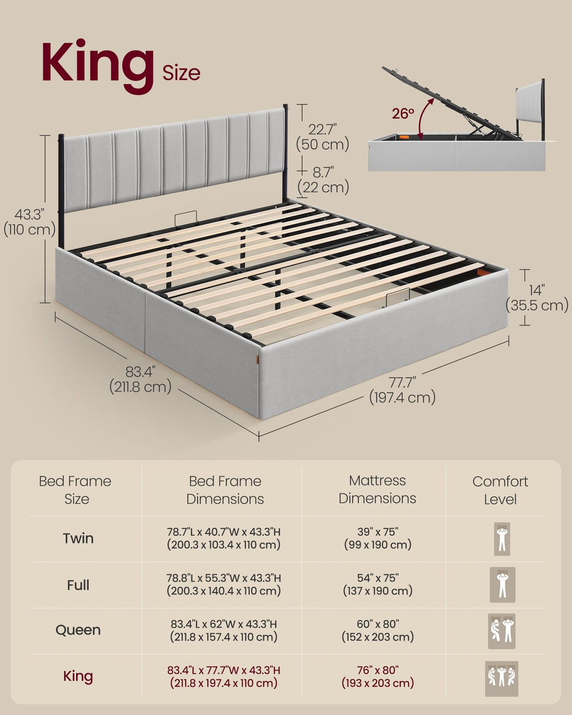 Lift Up Storage Bed Frame King Size - Dove Gray