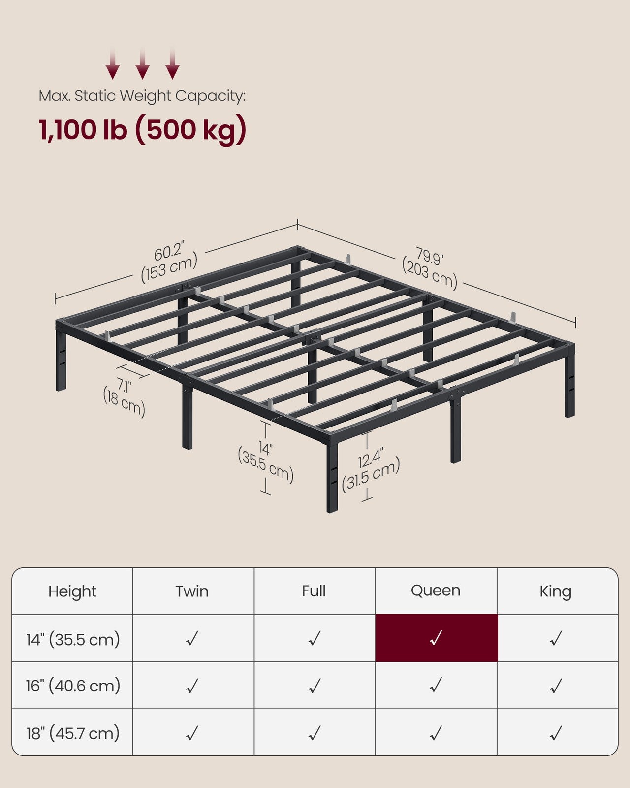 Queen Metal Bed Frame 14 Inches Tall - Matte Black