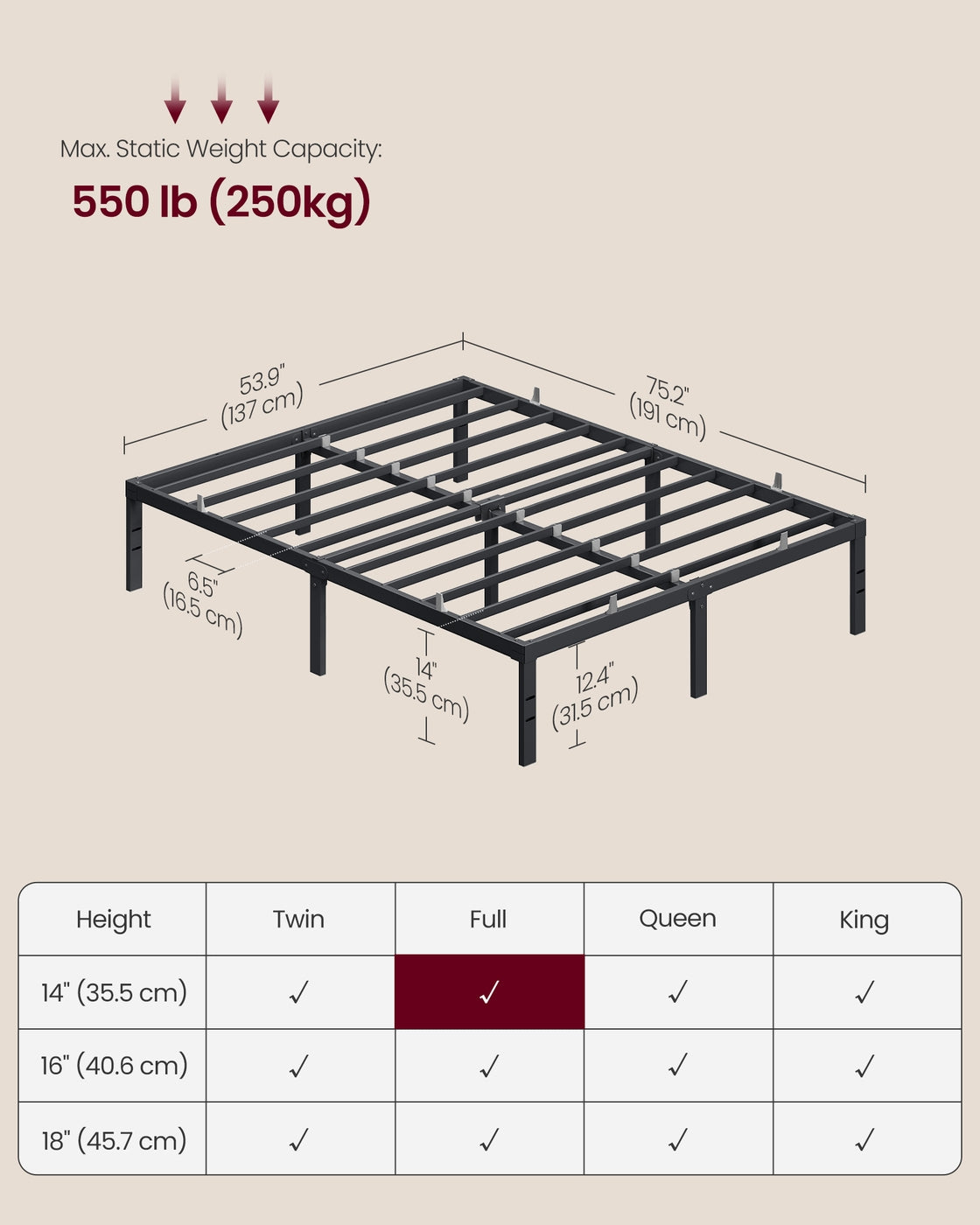 Queen Metal Bed Frame - 14 inches Tall