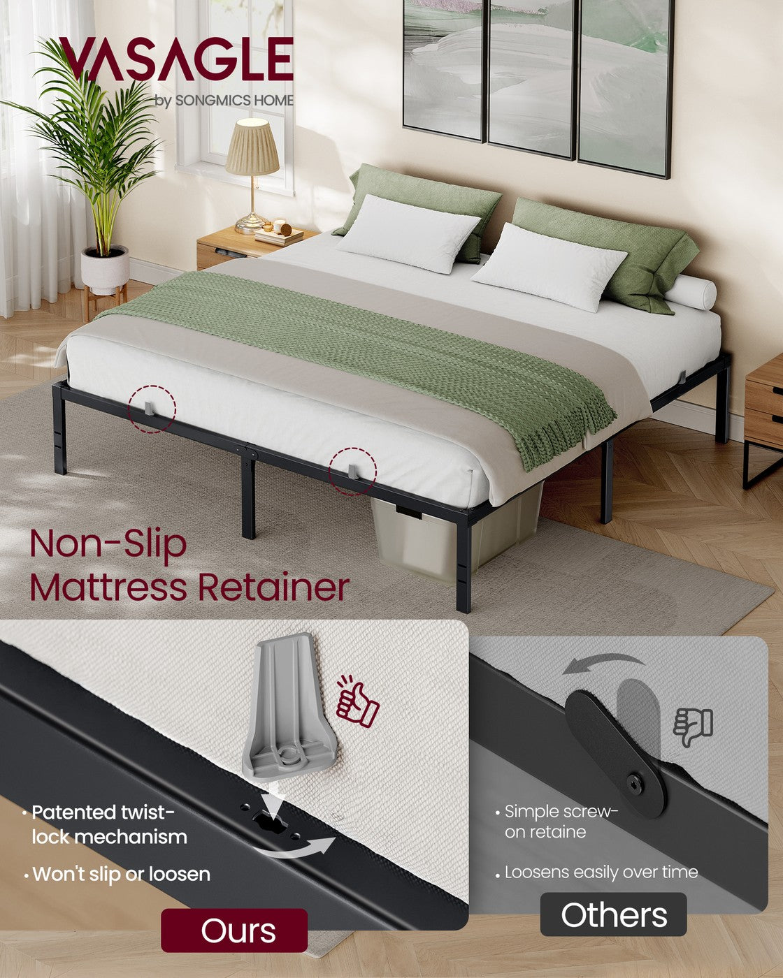 Queen Metal Bed Frame - 16 inches Tall - Matte Black