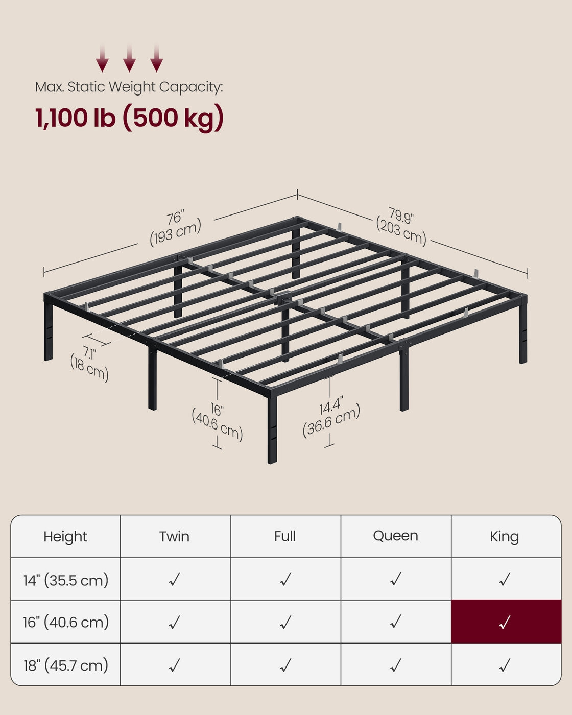 Queen Metal Bed Frame - 16 inches Tall - Matte Black