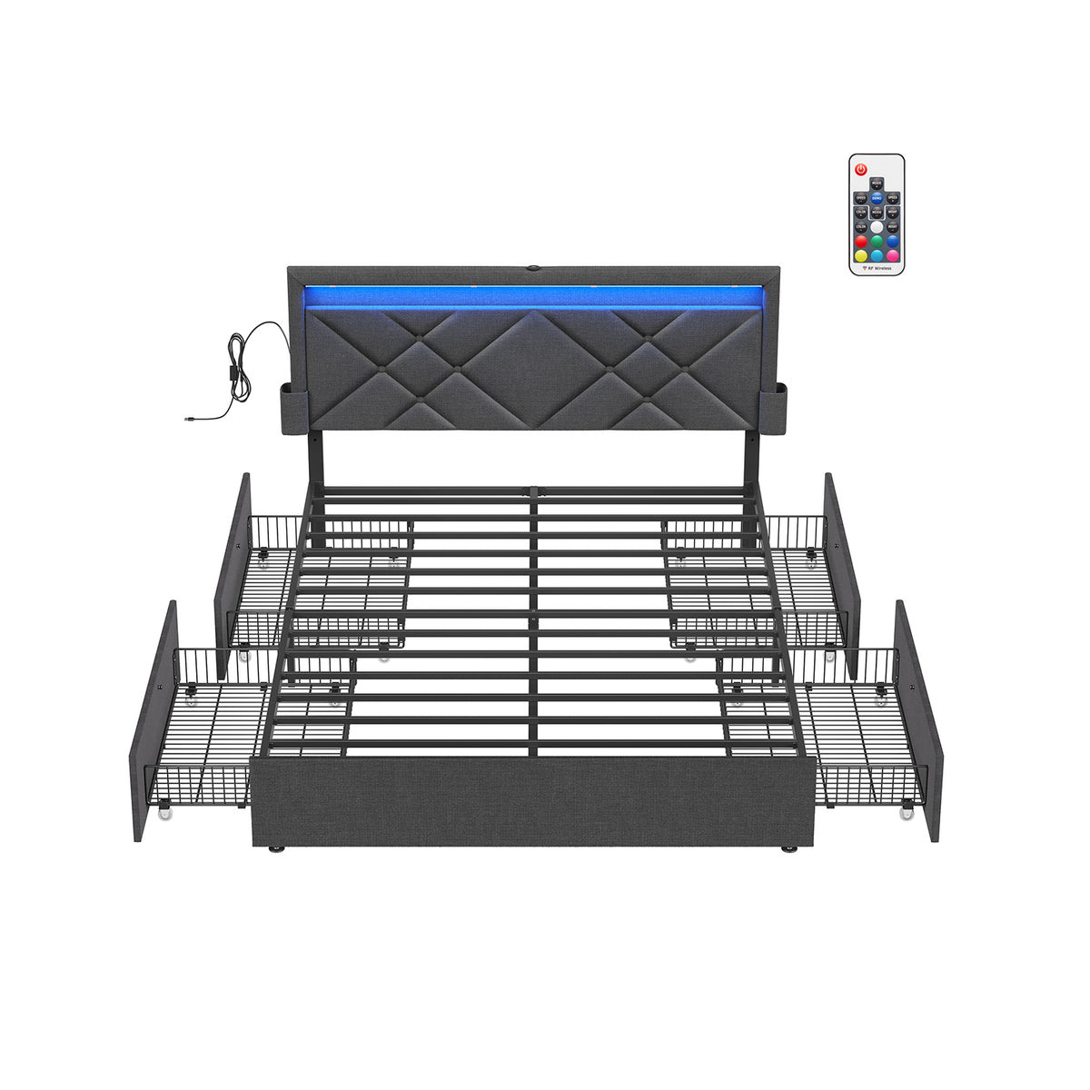 LED Bed Frame - Queen Size - Headboard and 4 Drawers