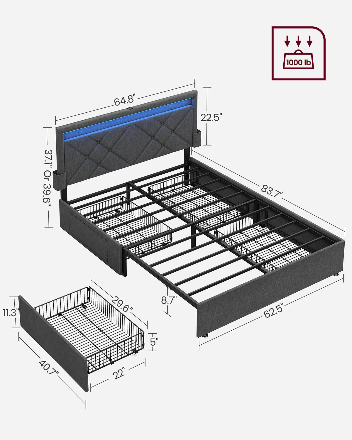 LED Bed Frame - Queen Size - Headboard and 4 Drawers