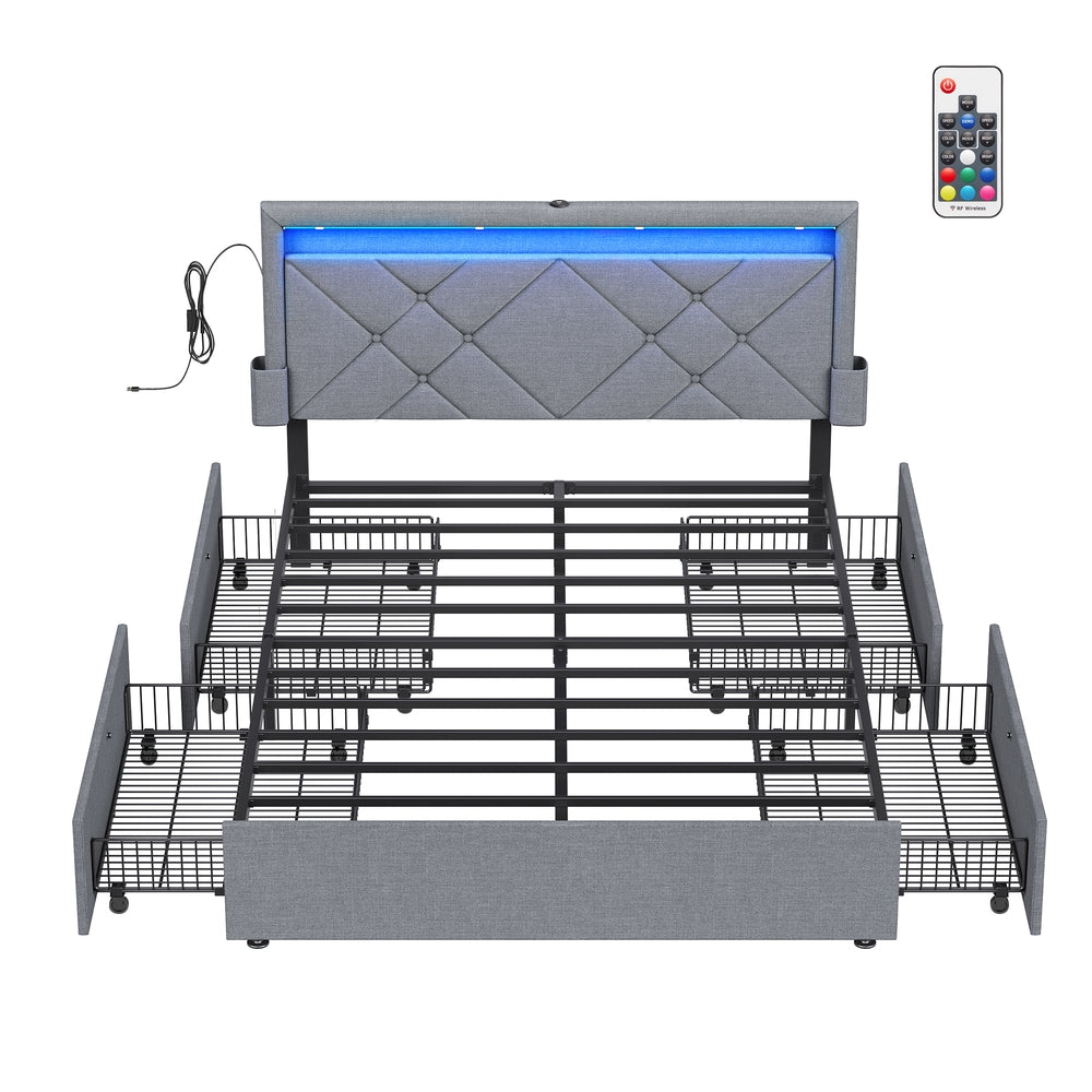 LED Bed Frame Queen Size with Headboard and 4 Drawers - Light Grey (URMB822G01)