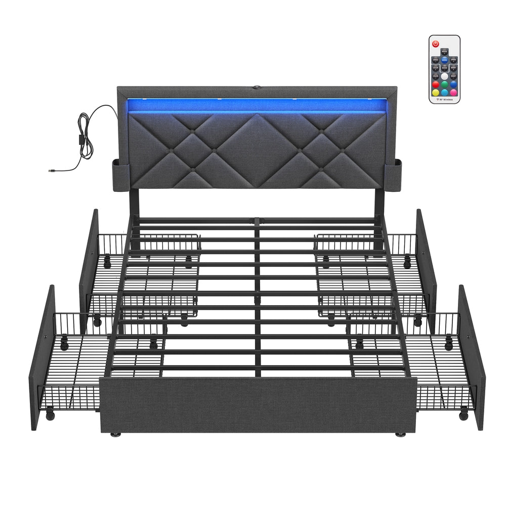 LED Bed Frame Queen Size with Headboard and 4 Drawers - Gray (URMB822G71)