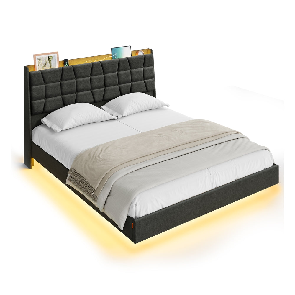 Queen Size Floating Bed Frame with LED Lights - Dark Gray