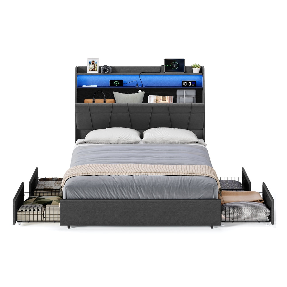 Queen Bed Frame with 51.4-Inch Tall Storage Headboard