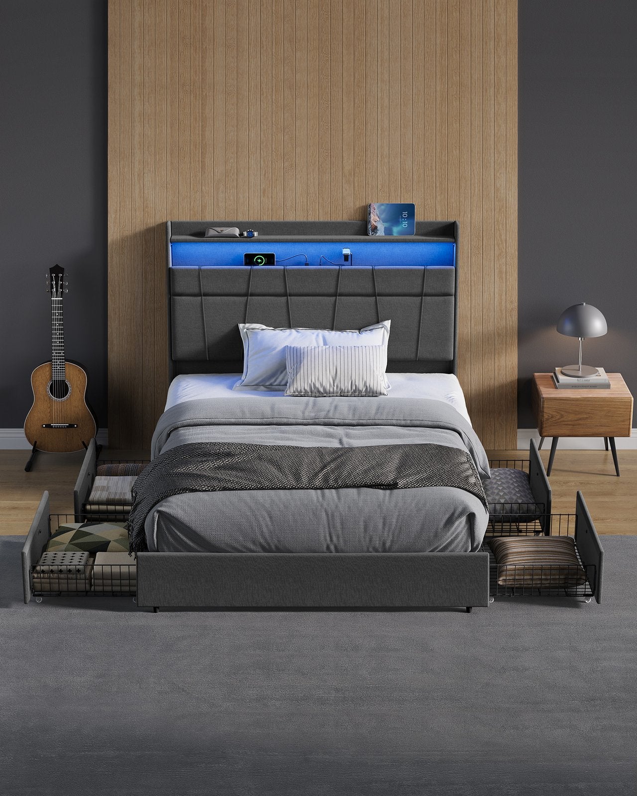 Queen Bed Frame with 51.4-Inch Tall Storage Headboard