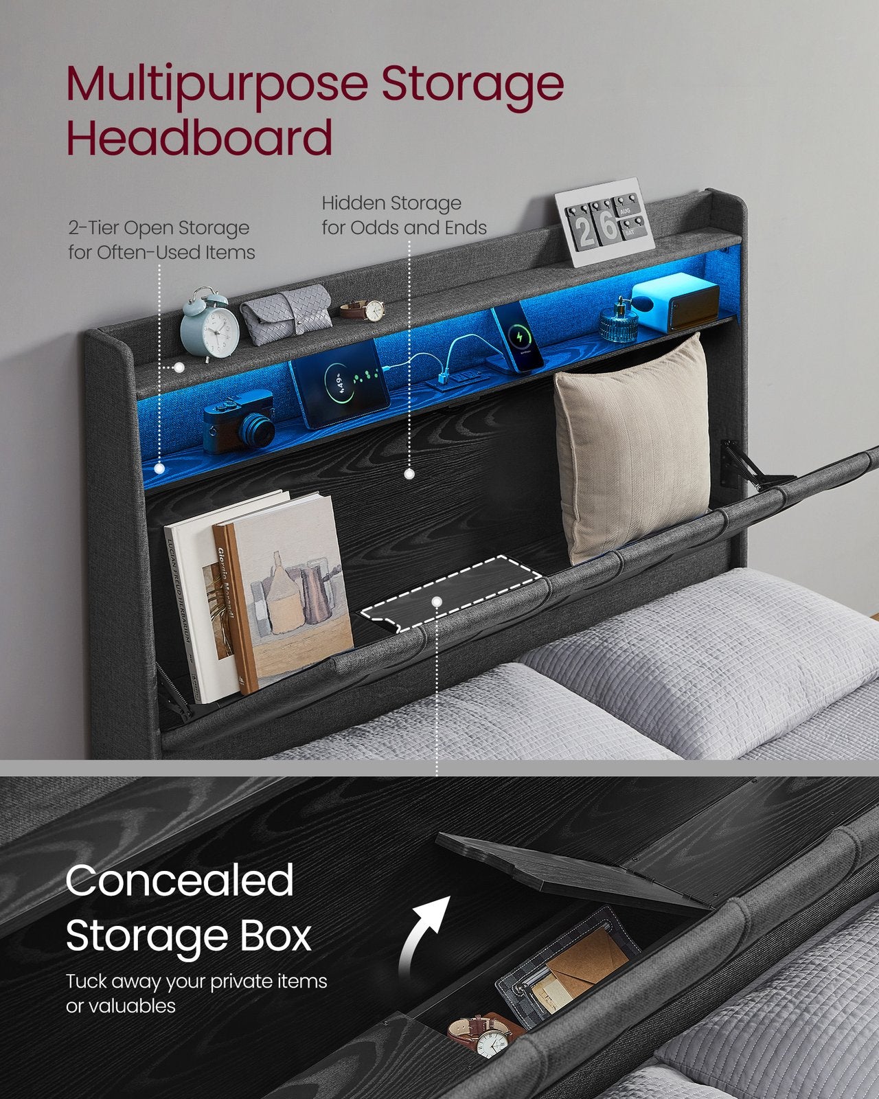 Queen Bed Frame with 51.4-Inch Tall Storage Headboard