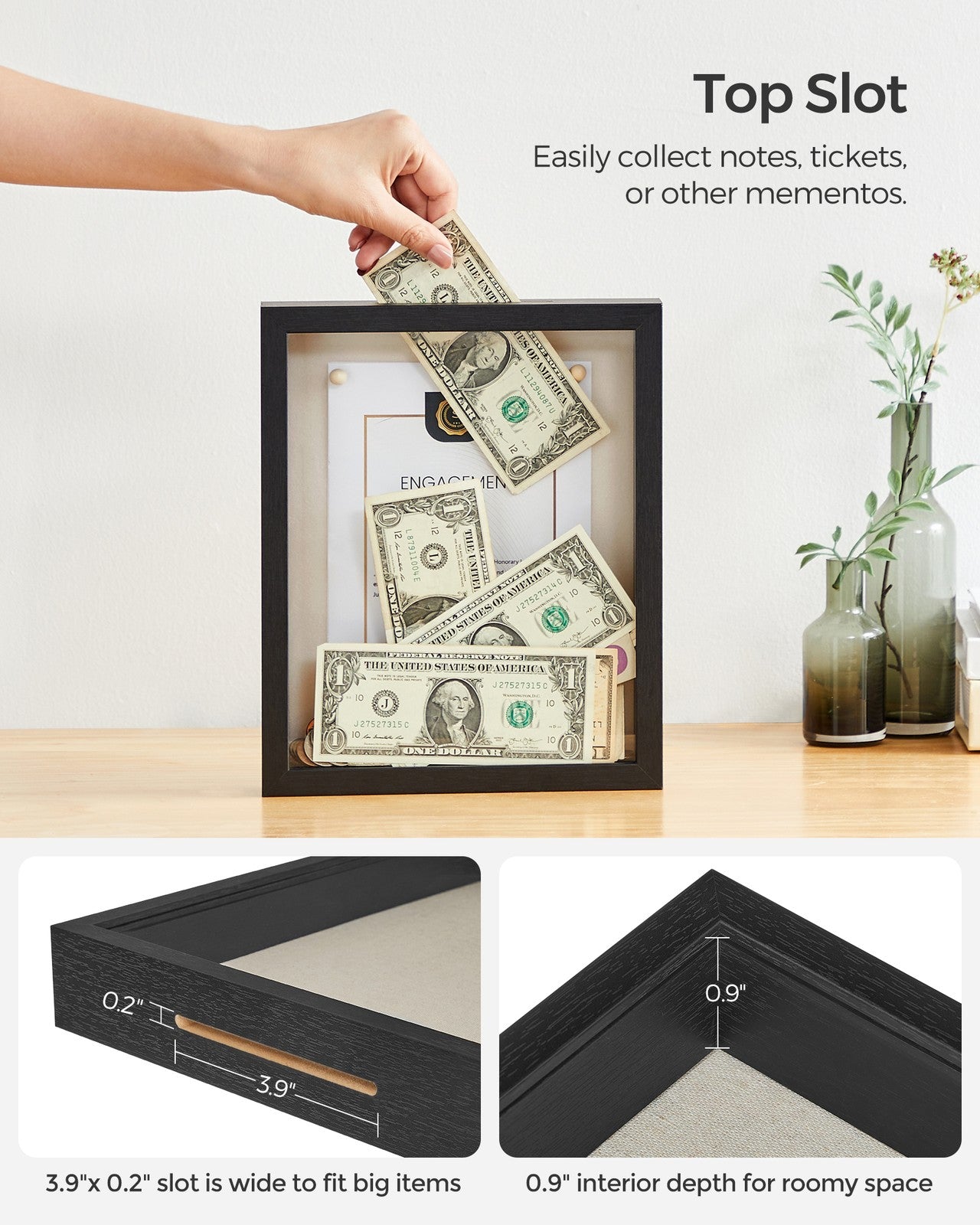8x10 Black Box Frame Display Case with Top Slot and Stick Pins - Black