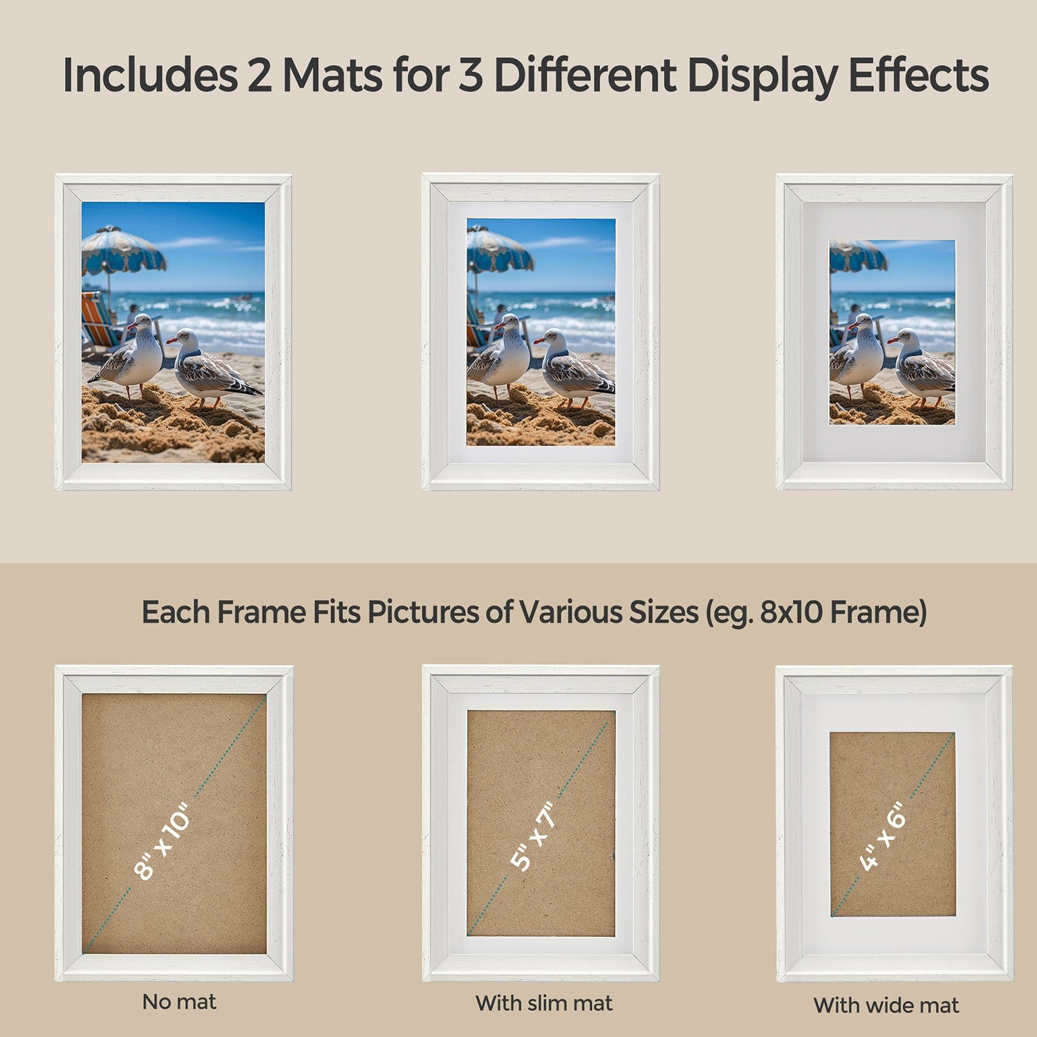 Set of 10 Collage Photo Frames - Two 8x10 - Four 5x7 - Four 4x6 Frames - Rustic White