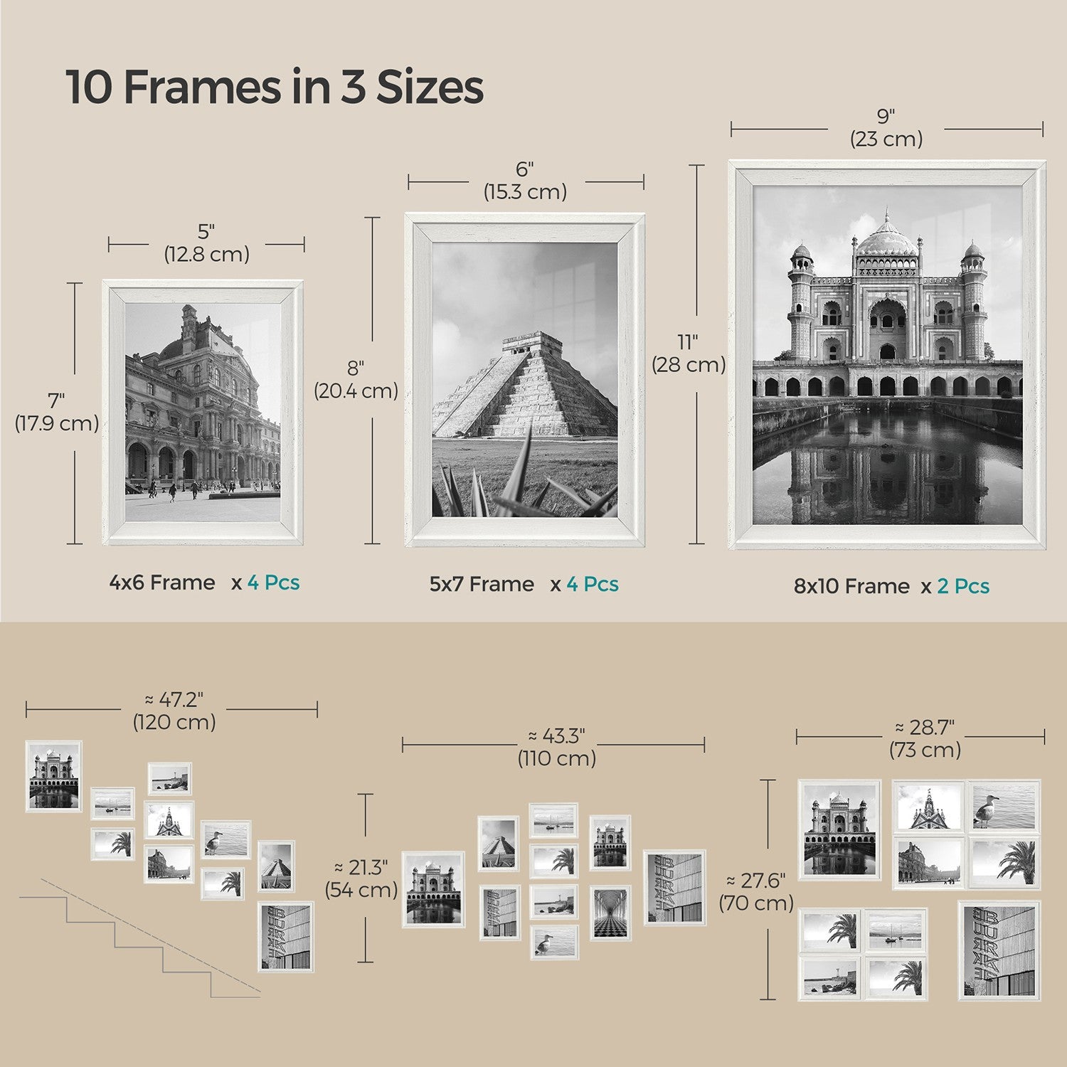 Set of 10 Collage Photo Frames - Two 8x10 - Four 5x7 - Four 4x6 Frames - Rustic White