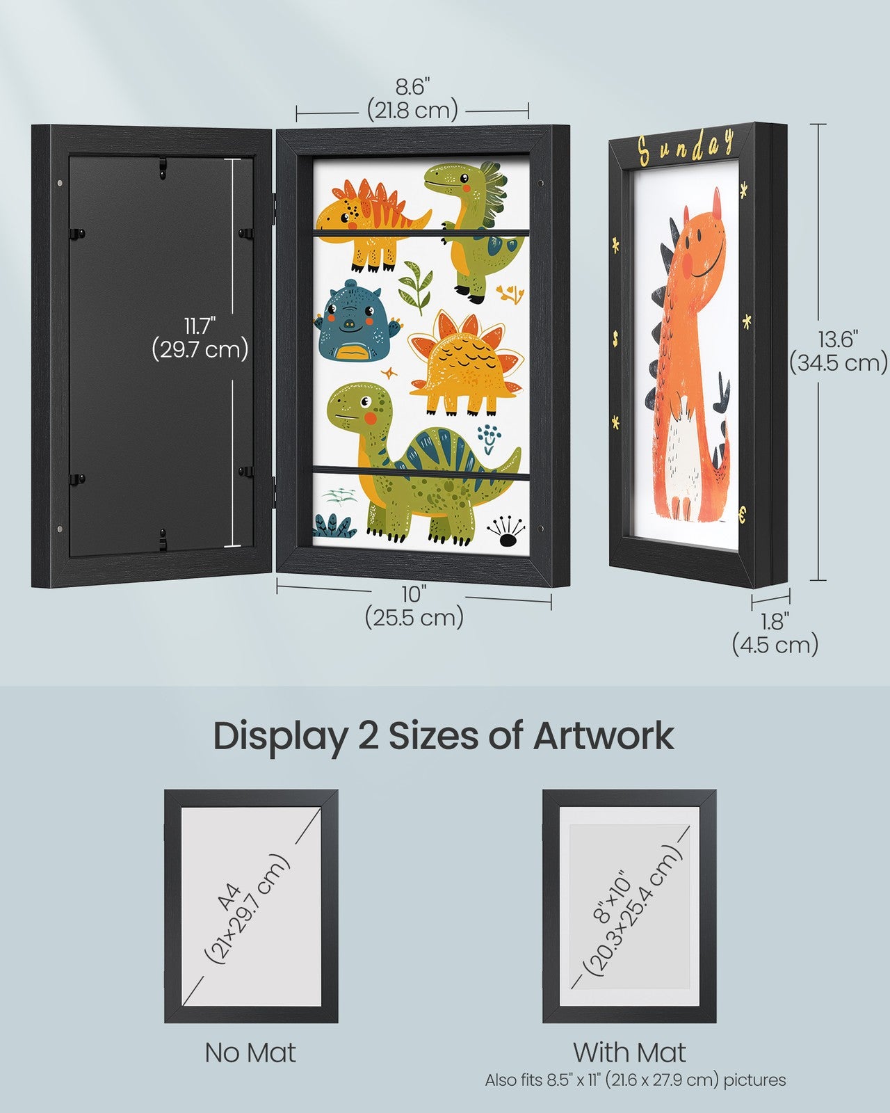 Kids Artwork Frame Changeable - A4 - 8.5x11 Art Picture Frame Display for Room Decor - Ash Black