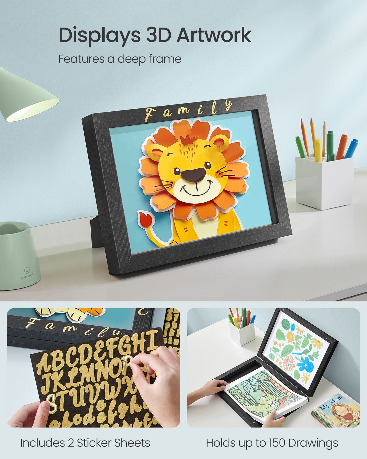 Kids Artwork Frame Changeable - A4 - 8.5x11 Art Picture Frame Display for Room Decor - Ash Black