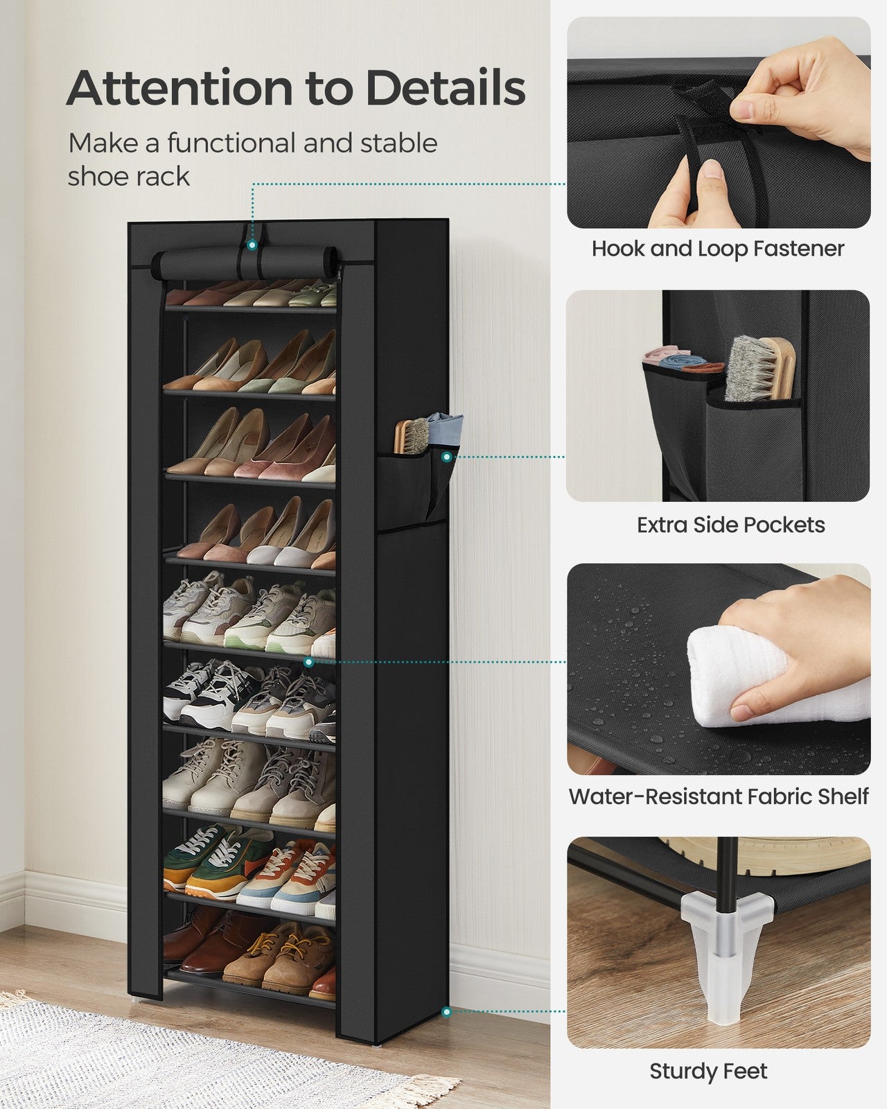 9 Tier Shoe Rack with Nonwoven Fabric Cover - Black