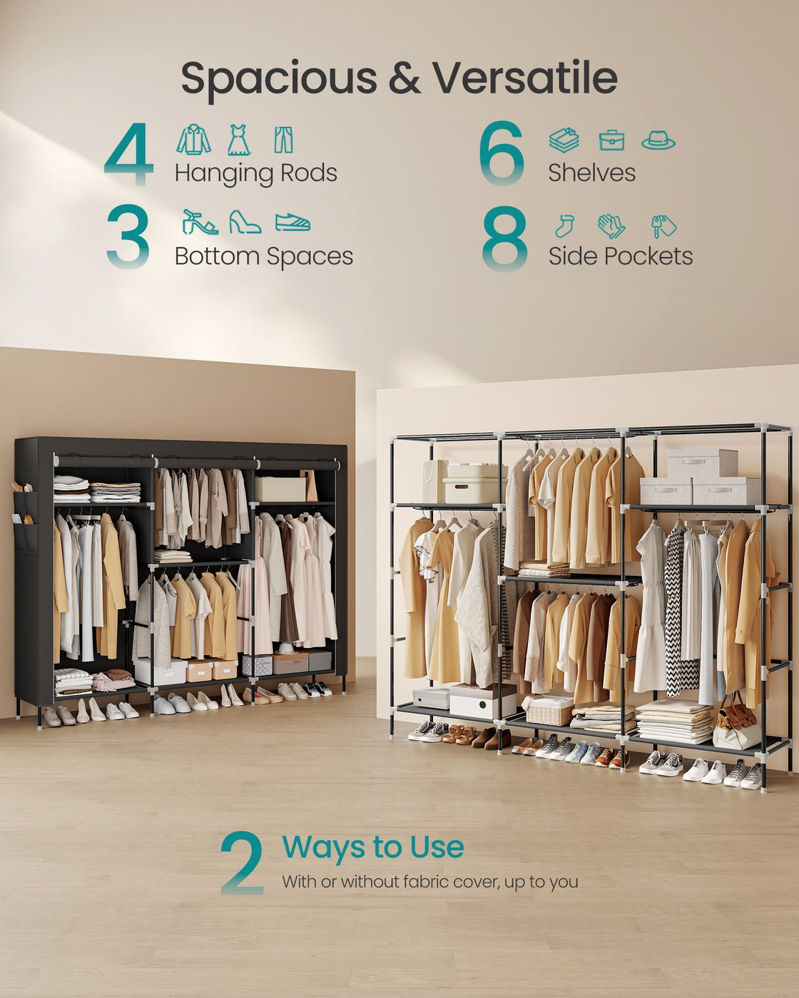 Portable Closet - Fabric Wardrobe - 4 Hanging Rods - 74.4 x 17.7 x 70.9 Inches - Black - Black